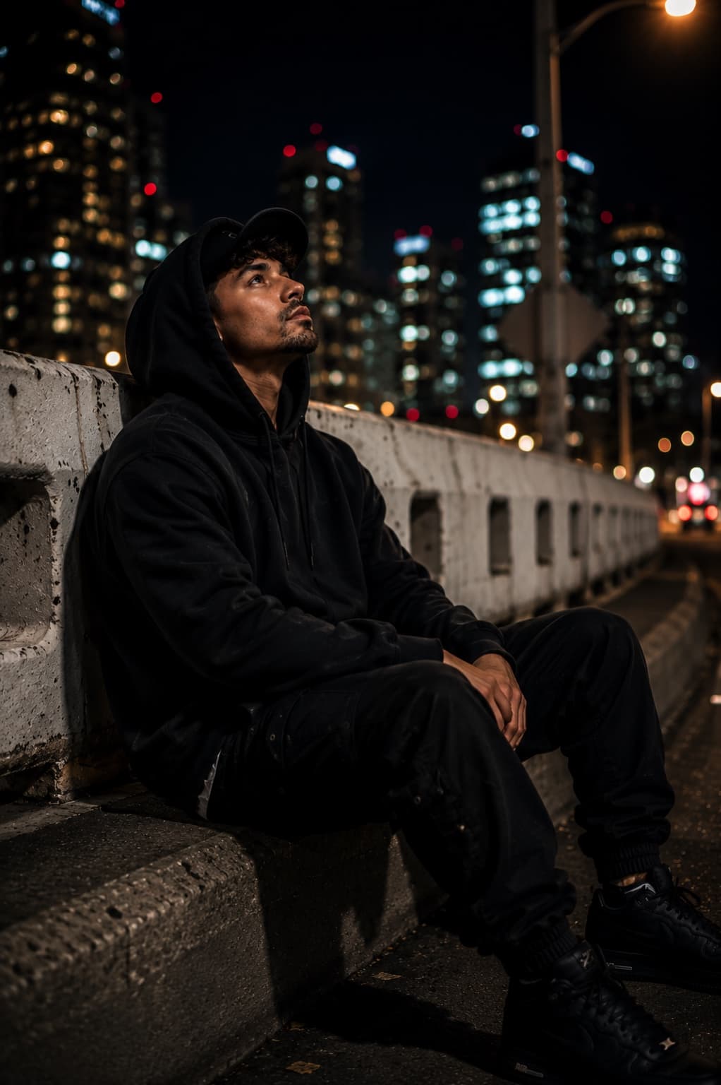 Jael Hernandez sentado frente a las luces de la ciudad durante la noche
